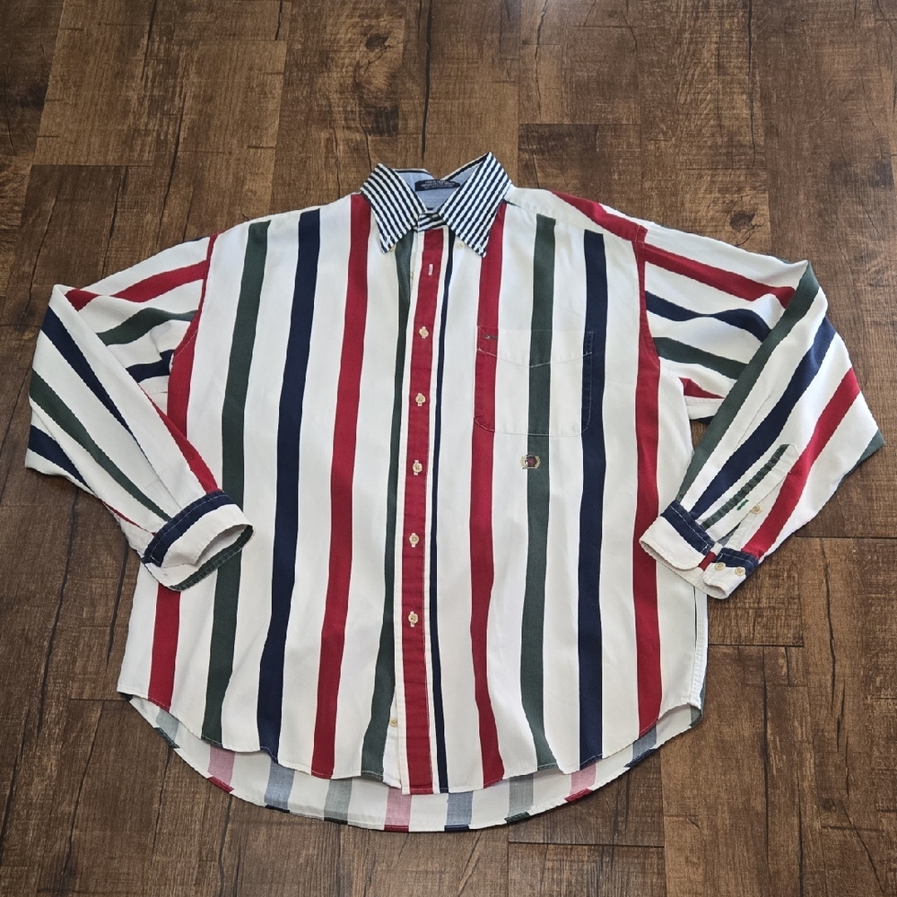 Tommy Hilfiger Men's Vintage 90s Striped Shirt Red Green Blue Cotton Retro